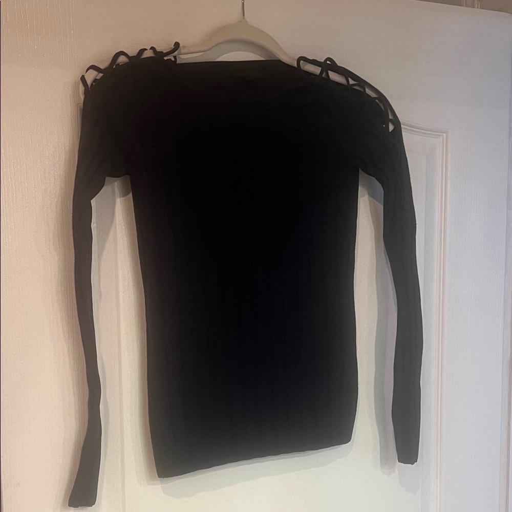 Intermix Long Sleeve Exposed Shoulder Ribbed Sweater in Navy